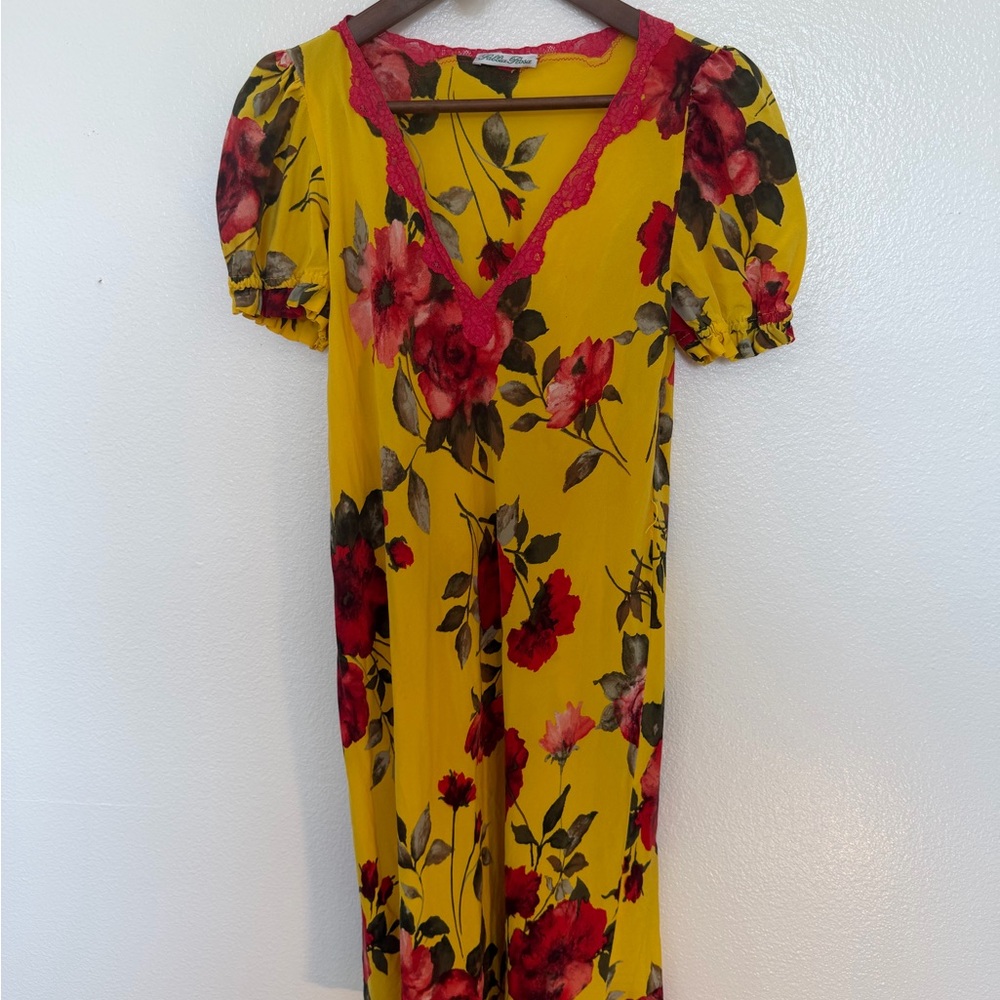 Sabina Rosa Italian Designer Floral Yellow Dress with Red lace